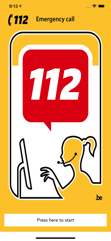 112 BE emergency app start screen with operator illustration