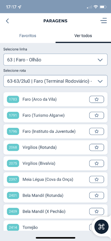 Vamus Algarve mobile app screen displaying a list of bus stops for the Faro to Olhao route