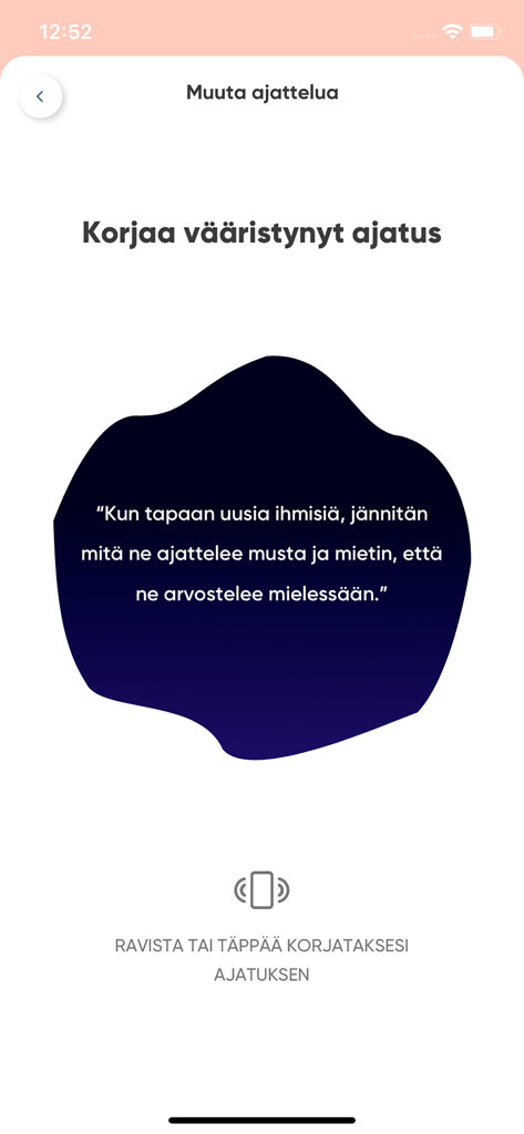 Chillaa - A screen from the Chillaa app showing a cognitive reframing exercise to help users correct distorted or anxious thoughts about social situations.