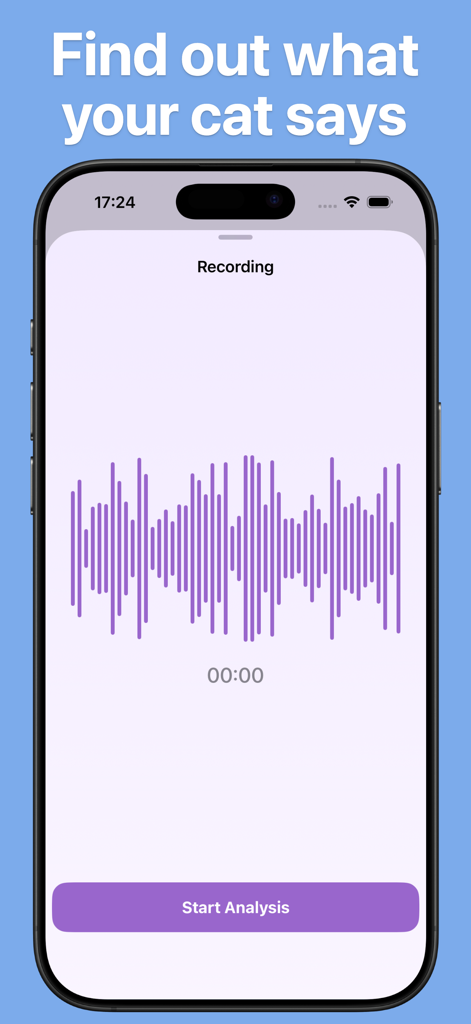 Cat Translator & Talk: Meowly - Una pantalla de smartphone que muestra la interfaz de grabación de la aplicación Meowly con una forma de onda púrpura y un botón 'Start Analysis' para traducir los maullidos del gato.