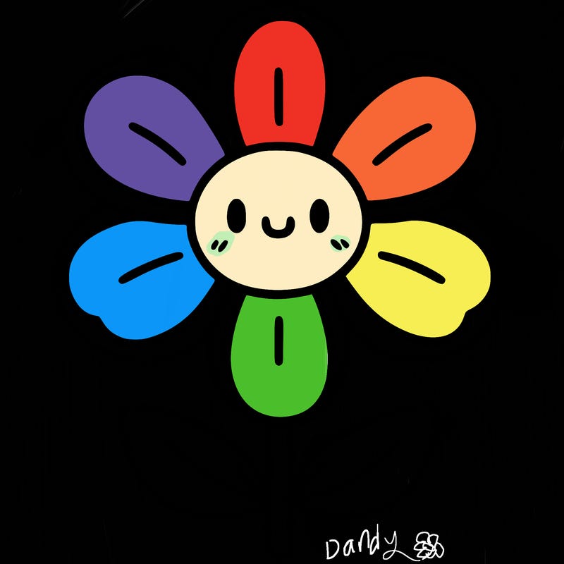 flower with 7 petals with face and body with petals on head
