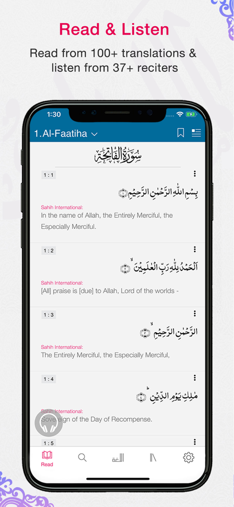 Quran App Read,Listen,Search - Pantalla móvil de la App del Corán mostrando la Sura Al-Fatiha con versos árabes y traducciones al inglés.