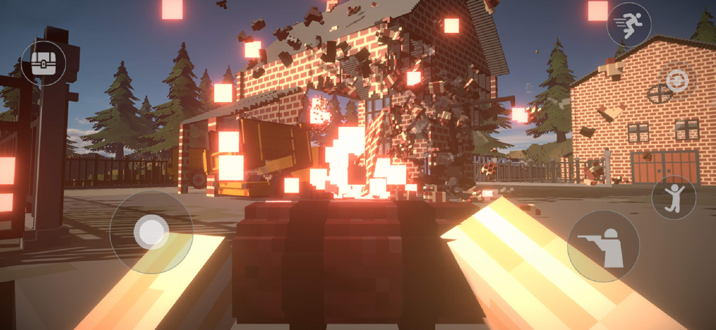 Voxel Destruction Sandbox - First person view of a brick building exploding in a voxel destruction sandbox game with onscreen mobile controls