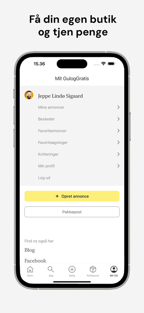 GulogGratis mobile app user account screen showing profile settings and ad creation tools