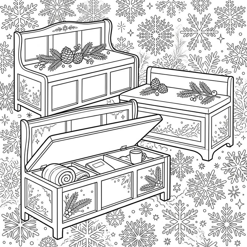 Discover the warmth of winter with this delightful coloring page featuring charming storage benches. Adorned with festive decorations, these functional pieces are nestled within a whimsical snowflake background, ready for your creative touch.