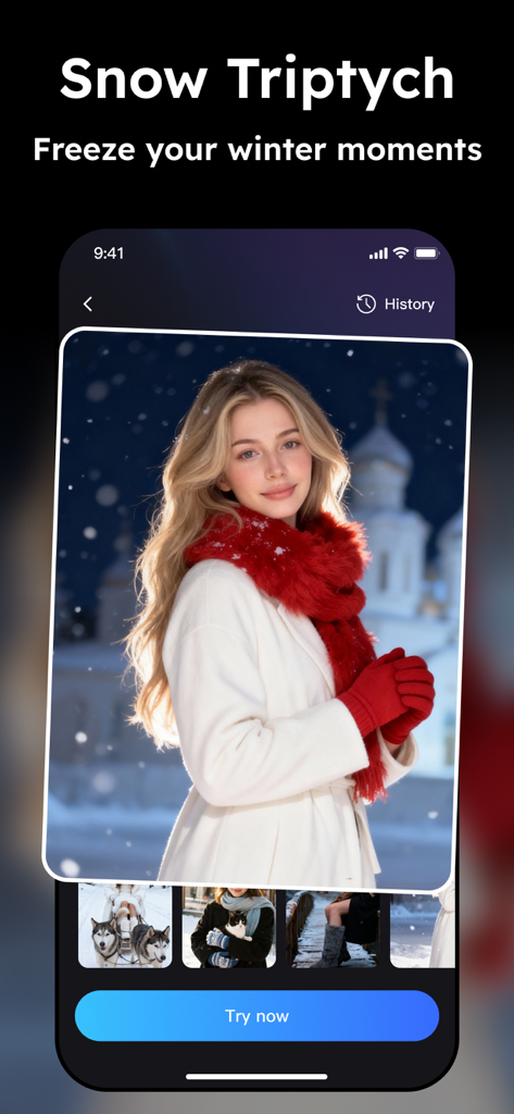 NanoBlink app screenshot featuring the Snow Triptych tool to create AI generated winter videos.