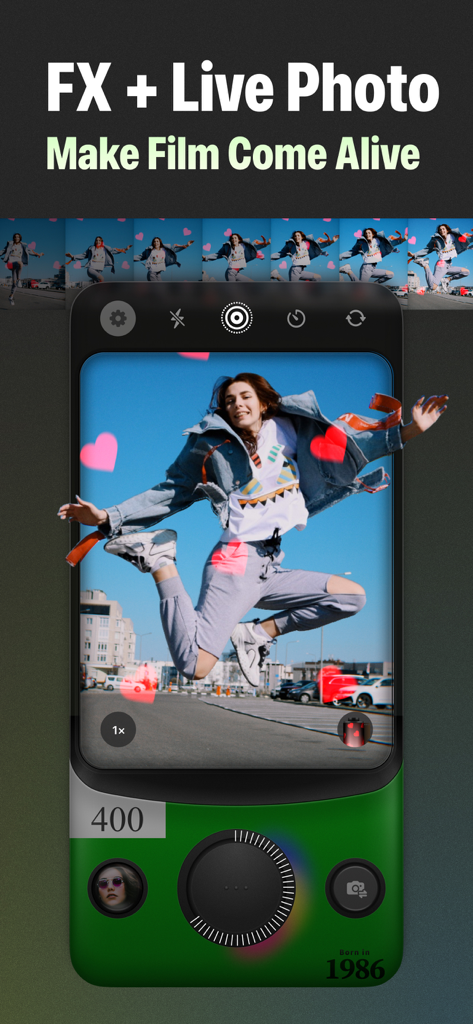 Poka Cam: Disposable Film Cam - Poka Cam app interface showing a live photo with heart effects and a vintage disposable camera design.