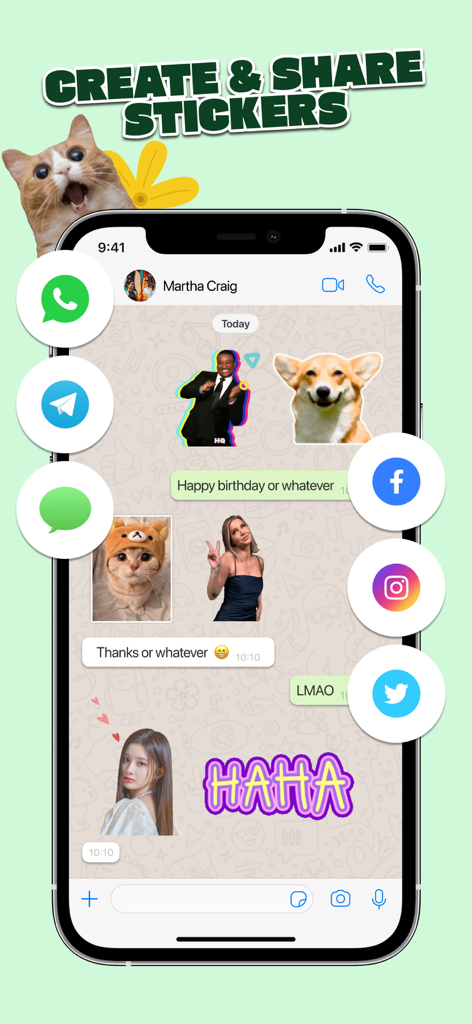 A smartphone showing custom stickers in a chat with icons for sharing on WhatsApp iMessage and Telegram