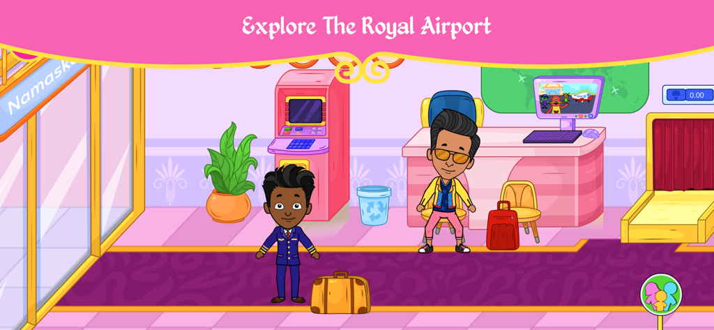 Tizi Magic Princess Gamesで、キャラクターと荷物のあるカラフルな漫画の空港のシーン