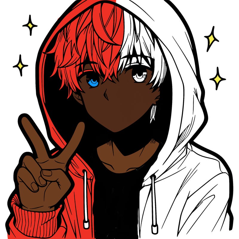 teenage manga boy in a hoodie, doing ✌