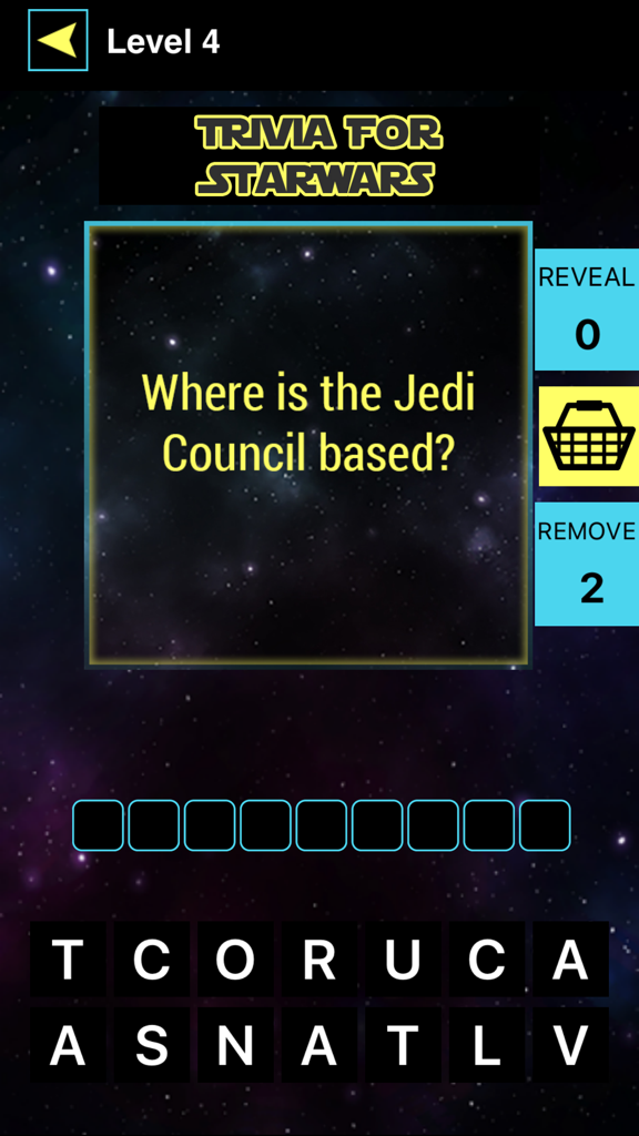 Gameplay-Bildschirm einer Star Wars-Quiz-App mit einer Frage zum Standort des Jedi-Rats