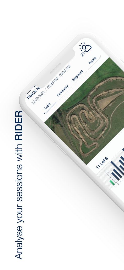 Ride Husqvarna Motorcycles App, die eine Motocross-Session-Analyse mit Streckenkarte und Rundenzeiten zeigt.