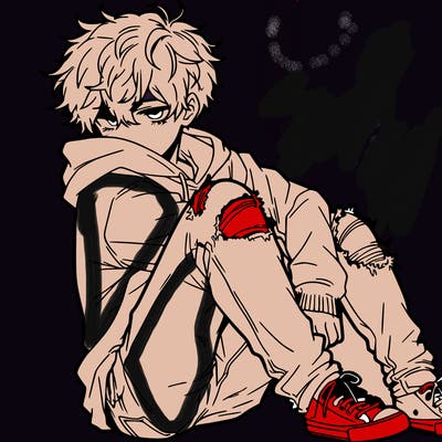 a male hoddie ripped jeans messy hair anime