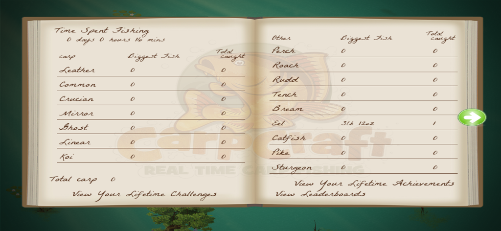 Carpcraft: Carp Fishing - Un diario de bitácora digital en la aplicación Carpcraft que muestra estadísticas de captura para varias carpas y otras especies de peces de agua dulce.