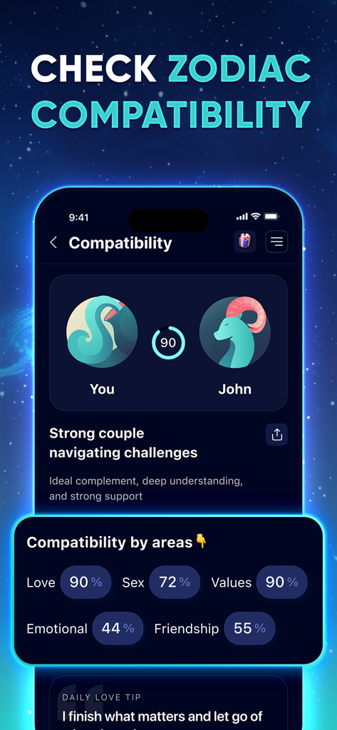 Schermata di un report di compatibilità zodiacale che mostra un alto punteggio di corrispondenza tra due persone con percentuali dettagliate per amore, sesso e amicizia.