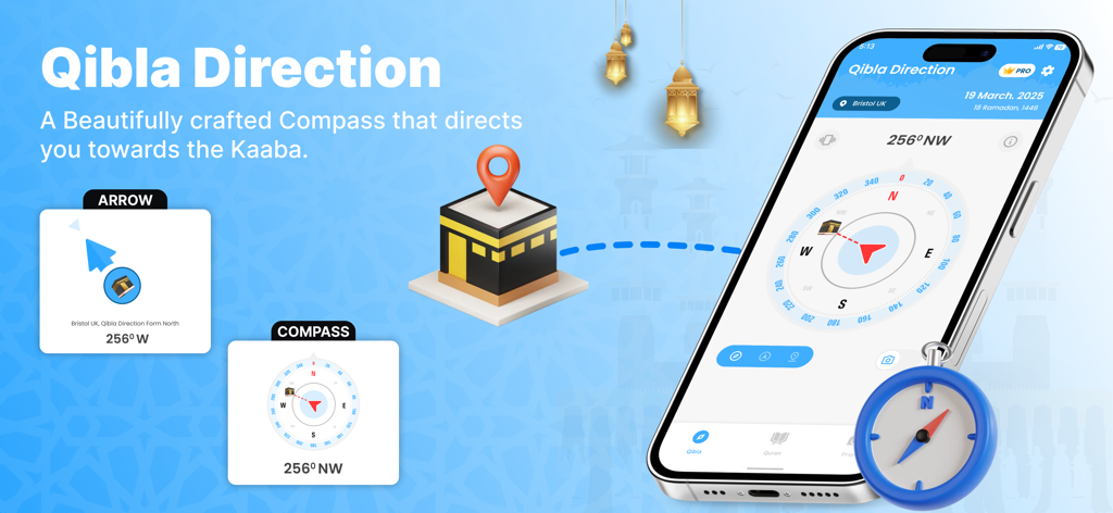 Qibla Finder & Namaz - Digital Qibla compass app interface showing accurate direction to Mecca for daily prayers
