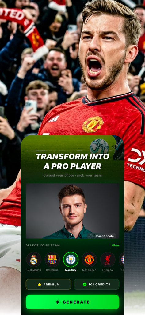Football Player Filter: Footty - Interface of the Footty app to create a professional football player photo from a selfie