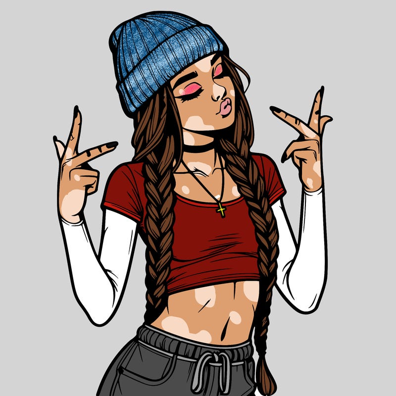 realistic teenage girl with braids and a beanie and crop top doing 🫶🏼