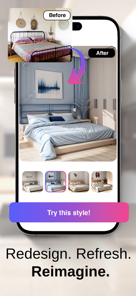 RoomGPT : AI Interior Design - Before and after comparison of a bedroom redesigned using AI interior design technology