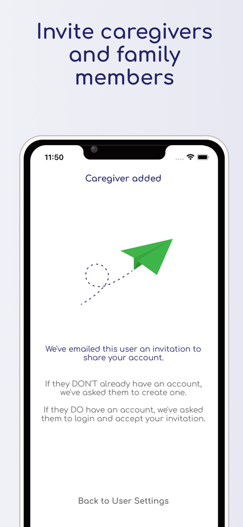 Talli Baby Tracker Newborn Log - Talli Baby Tracker app screen showing a caregiver invitation confirmation with a green paper airplane icon.