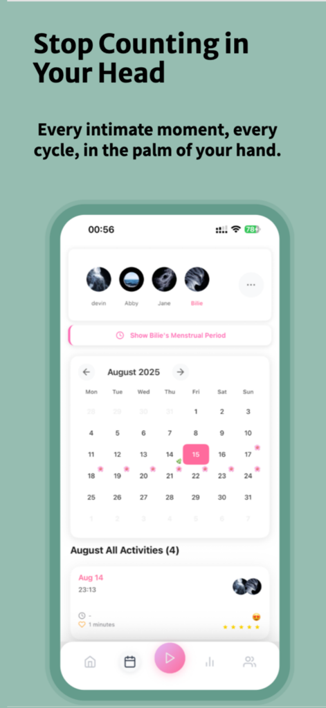 IntiMates: Sex Tracker - La aplicación IntiMates muestra una vista de calendario para rastrear momentos íntimos y ciclos menstruales.