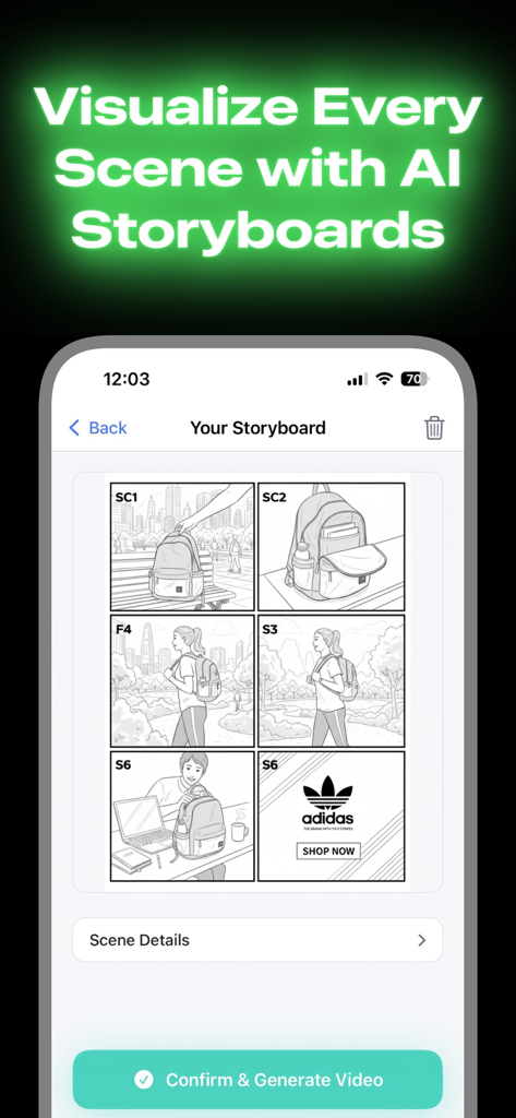 Creatify AI UGC Video Ad Maker - Interface do aplicativo Creatify AI mostrando um storyboard gerado por IA com múltiplos esboços de cena para um anúncio em vídeo de uma mochila