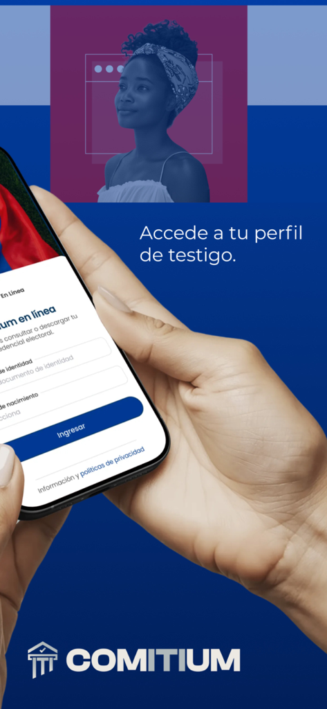 Comitium en línea - Eine Hand hält ein Smartphone, das den Bildschirm für den Zugriff auf das Zeugenprofil für die Wahlbeobachtungs-App Comitium anzeigt.