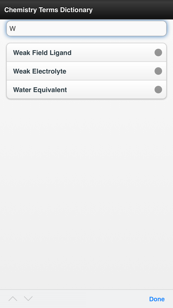 Chemistry Dictionary Offline - Tela do aplicativo móvel mostrando resultados de pesquisa de termos de química que começam com a letra W, incluindo Ligante de Campo Fraco e Eletrólito Fraco