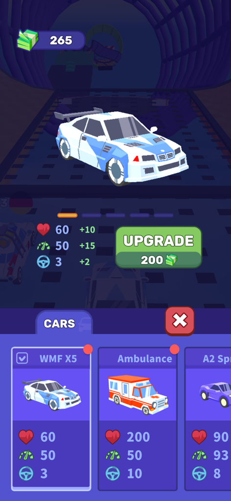 Ramp Racing 3D — Extreme Race - Car selection and upgrade screen in Ramp Racing 3D showing vehicle stats and available cars like the WMF X5 and an Ambulance.