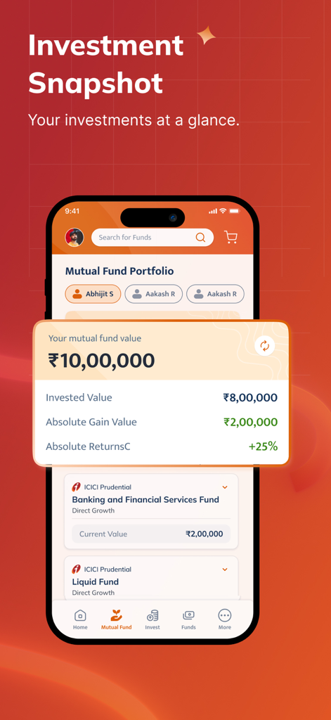i-Invest iPru - A mobile app interface of i-Invest iPru displaying a mutual fund portfolio snapshot with total value, invested amount, and returns.