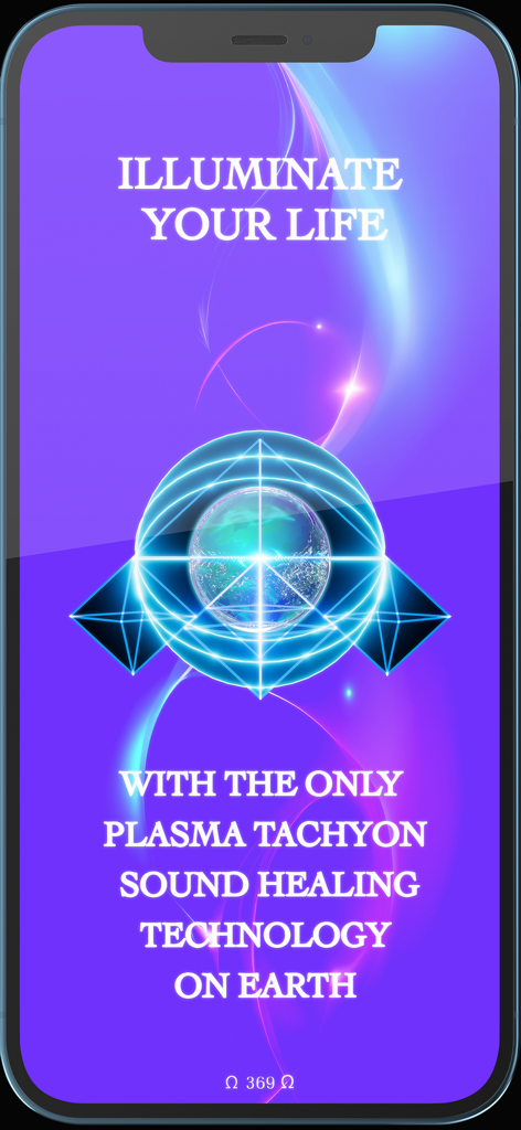 Quantum Frequency Technologies - Quantum Frequency Technologies app interface featuring sacred geometry and sound healing text on a purple glow background