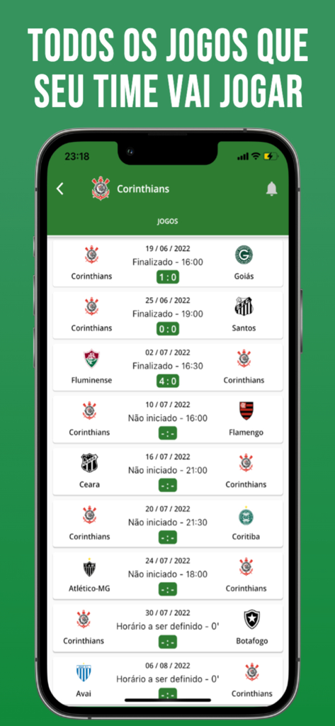 Smartphone screen showing the match schedule and results for Corinthians in the Brasileirao 2025 app