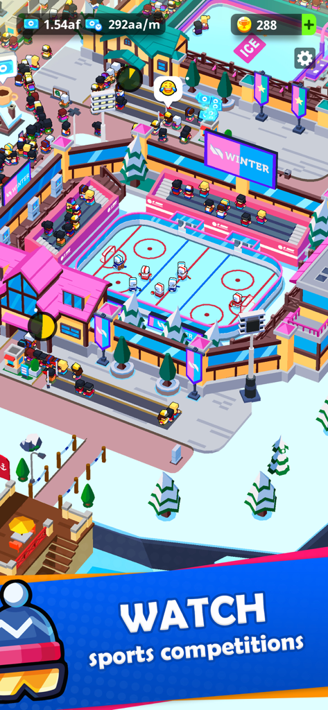 Isometric view of a winter themed sports city in Sports City Tycoon featuring an ice hockey rink and fans