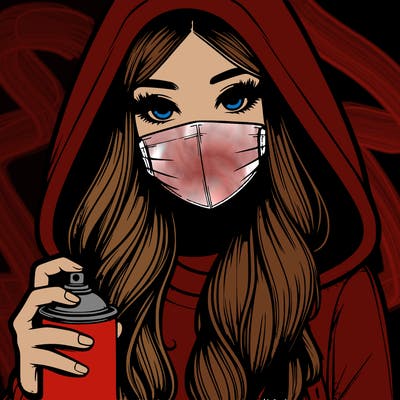 girl wearing a mask with long hair with her hood up spray-painting realistic