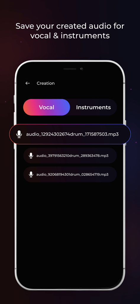 Smartphone-Bildschirm zeigt eine Liste gespeicherter Gesangs- und Instrumental-Audiodateien, die mit KI erstellt wurden
