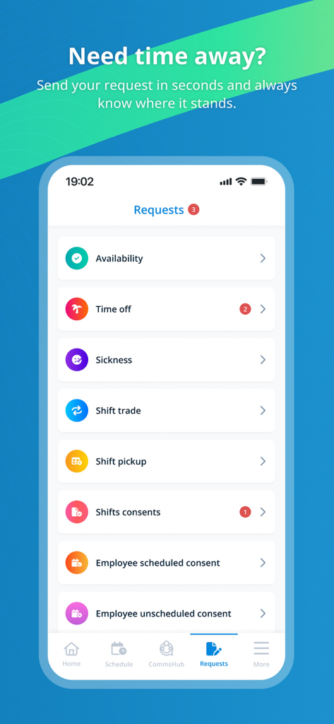TeamLive mobile app interface displaying options for time off shift trades and availability requests