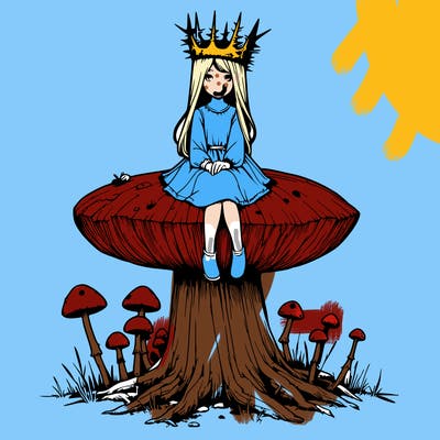 realistic girl sitting on a huge tree stump size toadstool with thorn crown