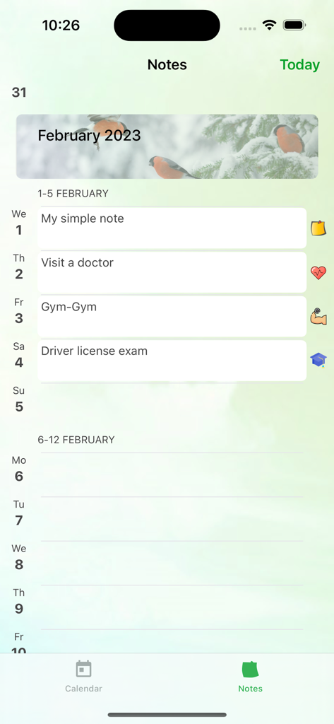 Sezione note dell'app My Calendar che mostra un elenco di promemoria e attività giornaliere