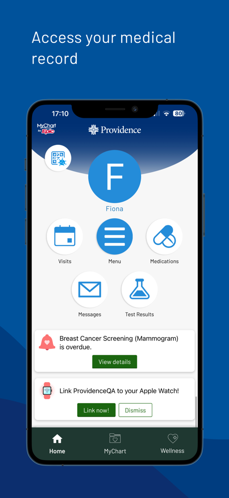 L'écran d'accueil de l'application Providence montrant les dossiers médicaux et les rappels de santé