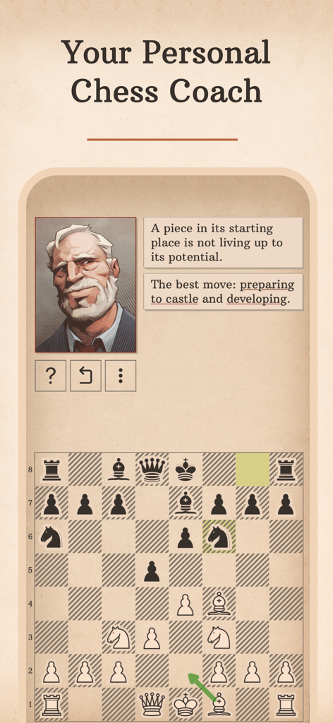 Dr. Wolf personal chess coach providing strategic move advice in the Learn Chess app.
