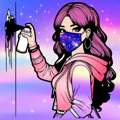 realistic girl with mask spray painting a wall