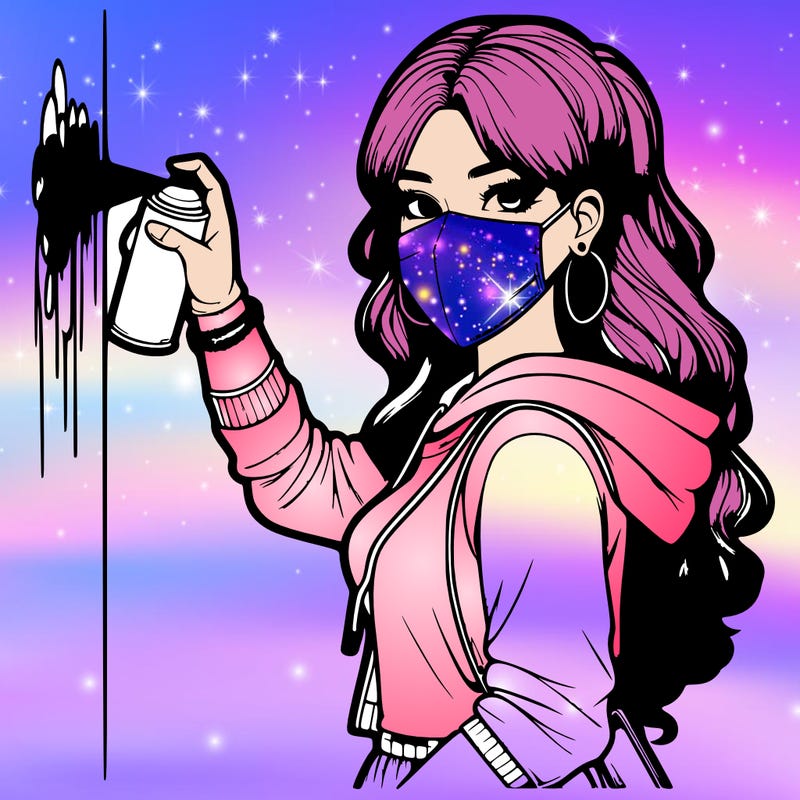 realistic girl with mask spray painting a wall