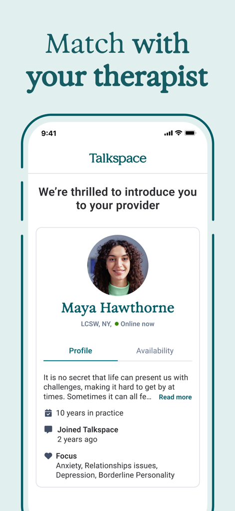 Talkspace: Virtual Therapy App - A smartphone screen displaying a licensed therapist profile in the Talkspace app including their credentials and areas of focus.
