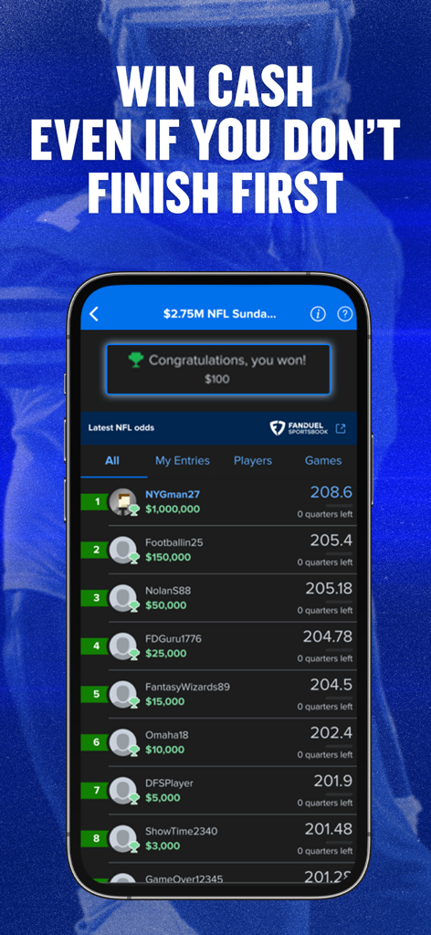FanDuel Fantasy Sports - Aplicación FanDuel Fantasy Sports mostrando una tabla de clasificación de concursos de la NFL con ganadores y notificaciones de premios en efectivo.