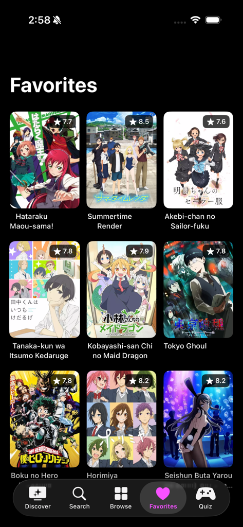 AniPocket - Discover Anime - The Favorites screen of AniPocket showing saved anime titles and ratings in dark mode.