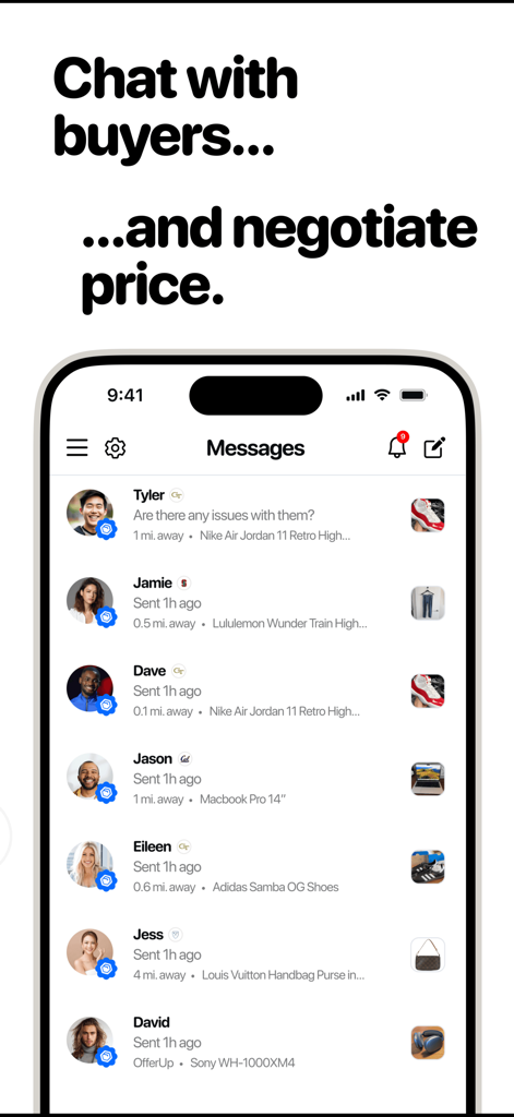 SellRaze app messages interface showing a list of buyer chats for price negotiation.