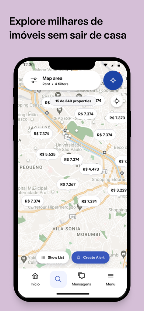 QuintoAndar: Aluguel e Compra - QuintoAndar app interface showing a map with property rental prices and search filters.