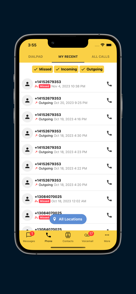 Emitrr - Emitrr app interface showing a list of missed and outgoing business calls with timestamps
