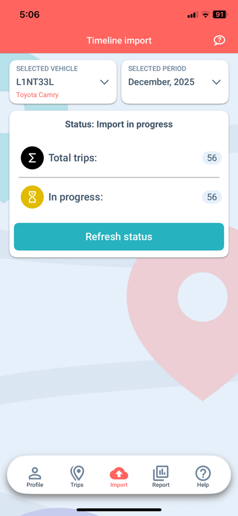 Mileage log app screen showing the progress of importing trips from Google Timeline for a business vehicle.