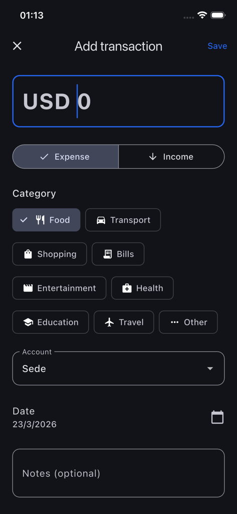 Budget : spending tracker - Oberfläche zum Hinzufügen einer Transaktion in der Budget-App, die Ausgabenkategorien und manuelle Eingabe im dunklen Modus zeigt